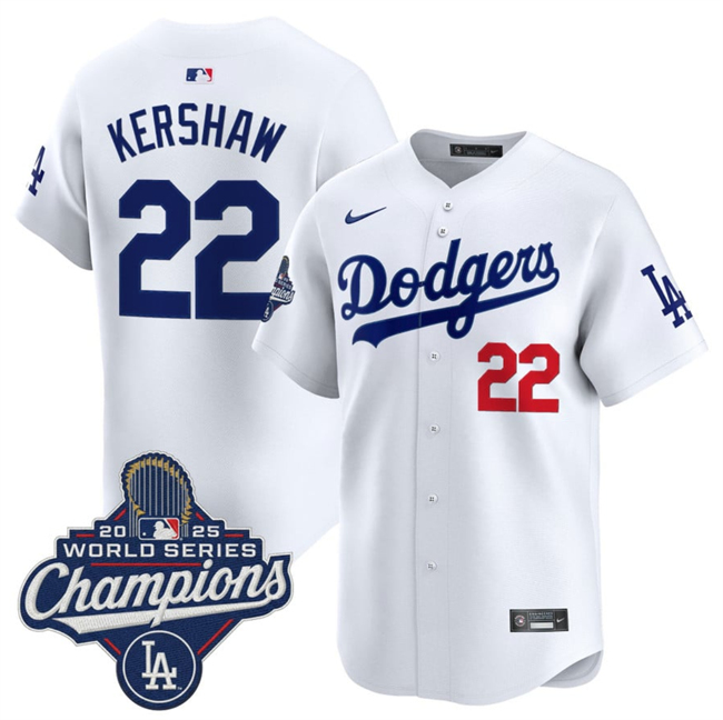 Men's White Los Angeles Dodgers #22 Clayton Kershaw 2025 World Series Champions Patch Home Limited Stitched Baseball Jersey